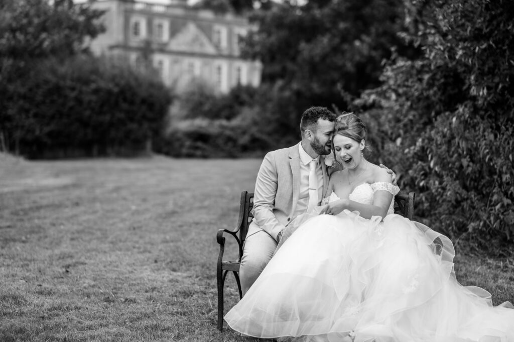 Bride and groom photoshoot with Hinwick house in background